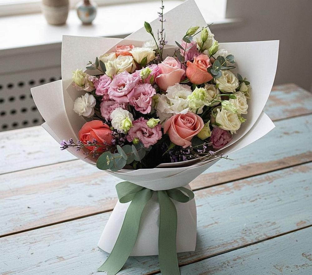 Букет цветов из: Розы, Лизиантусы и Гвоздики в Чудово