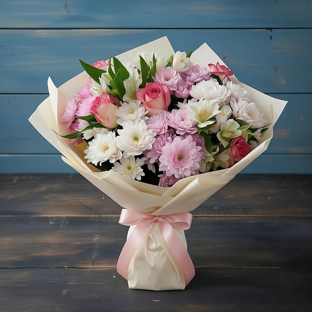 Букет цветов из: Хризантемы, Альстромерии и Розы в Чудово